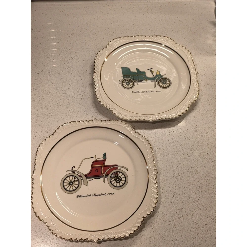 Set of Two Vintage Beautiful Automobile Plates With 22KT. Gold Trims